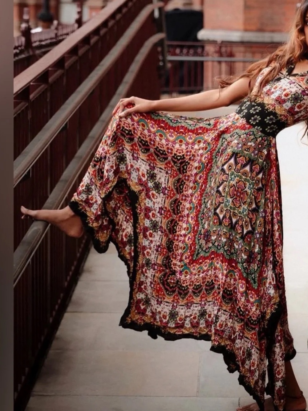 Bila Boho Sleeveless Asymmetrical Midi Maxi Dress Multicolor Rayon Size Large